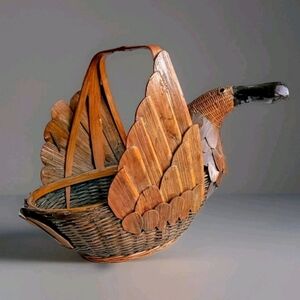 Handcrafted Wooden Duck Basket Folk Art Style Brown And Teal Color